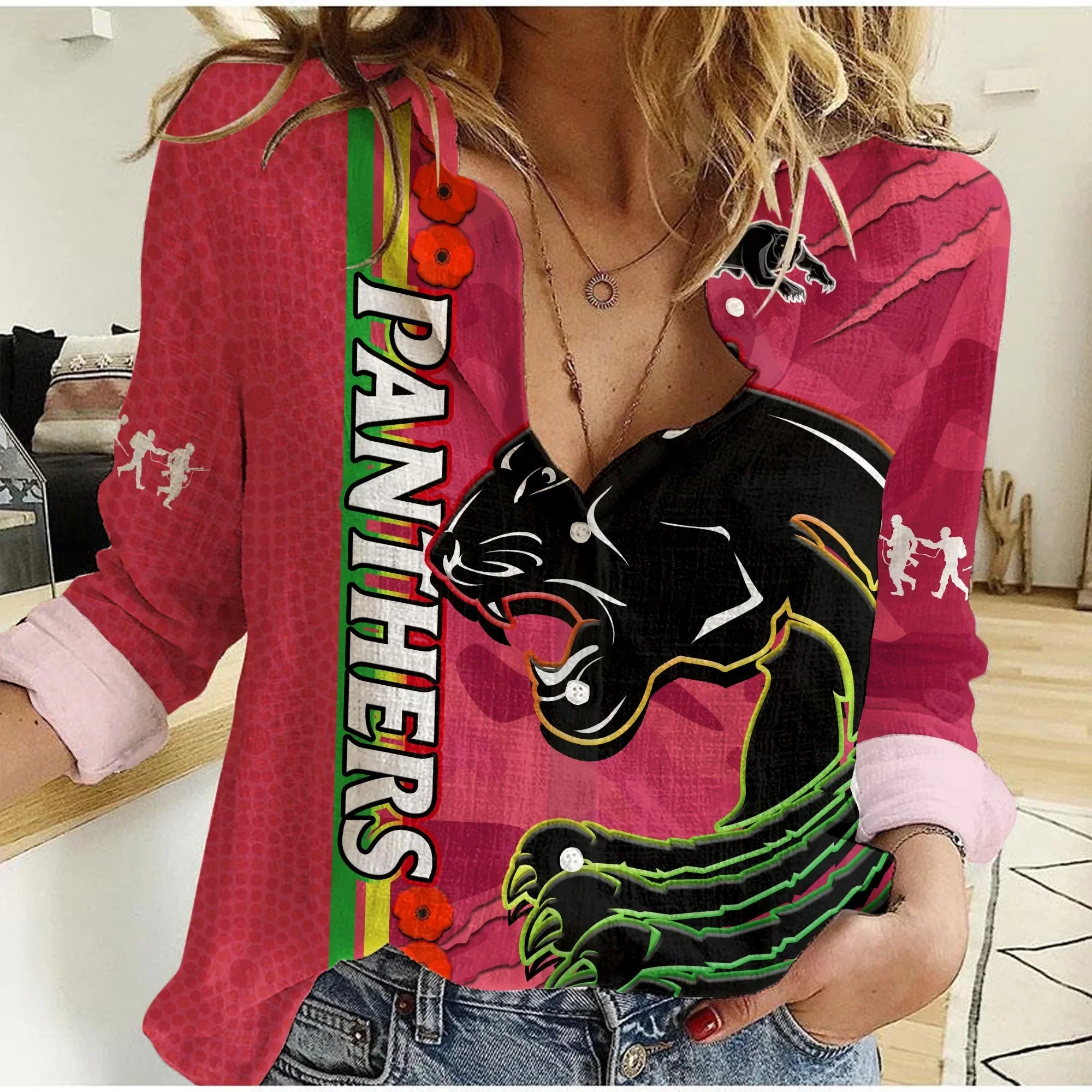 (Custom Text And Number) Panthers Rugby ANZAC Women Casual Shirt Aboriginal Mix Poppy Camouflage Pink - Vibe Hoodie Shop