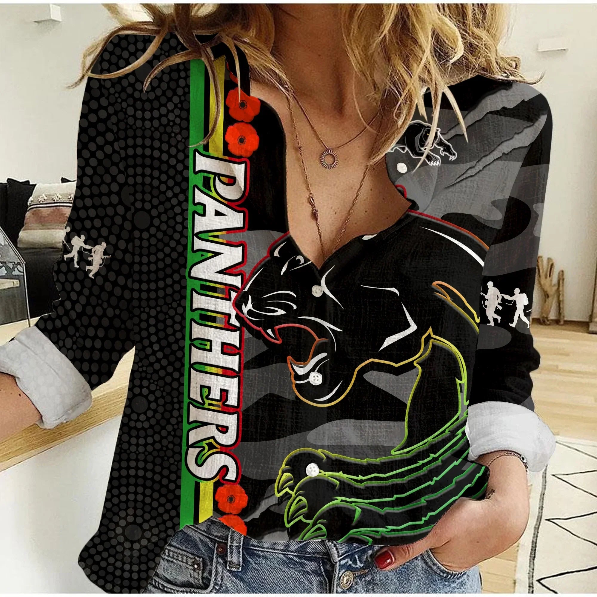 (Custom Text And Number) Panthers Rugby ANZAC Women Casual Shirt Aboriginal Mix Poppy Camouflage Black - Vibe Hoodie Shop