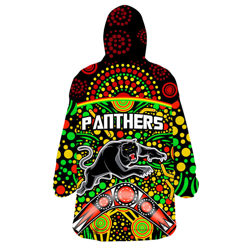 Panthers Rugby Wearable Blanket Hoodie Boomerang Indigenous Dots - Vibe Hoodie Shop