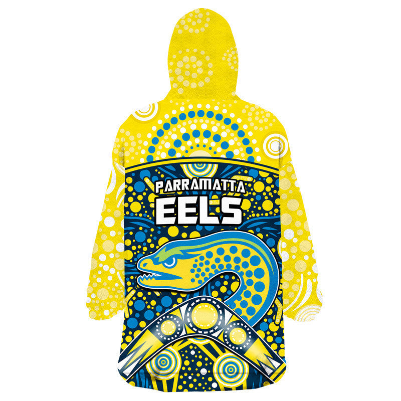 Parramatta Eels Rugby Wearable Blanket Hoodie Boomerang Indigenous Dots - Vibe Hoodie Shop