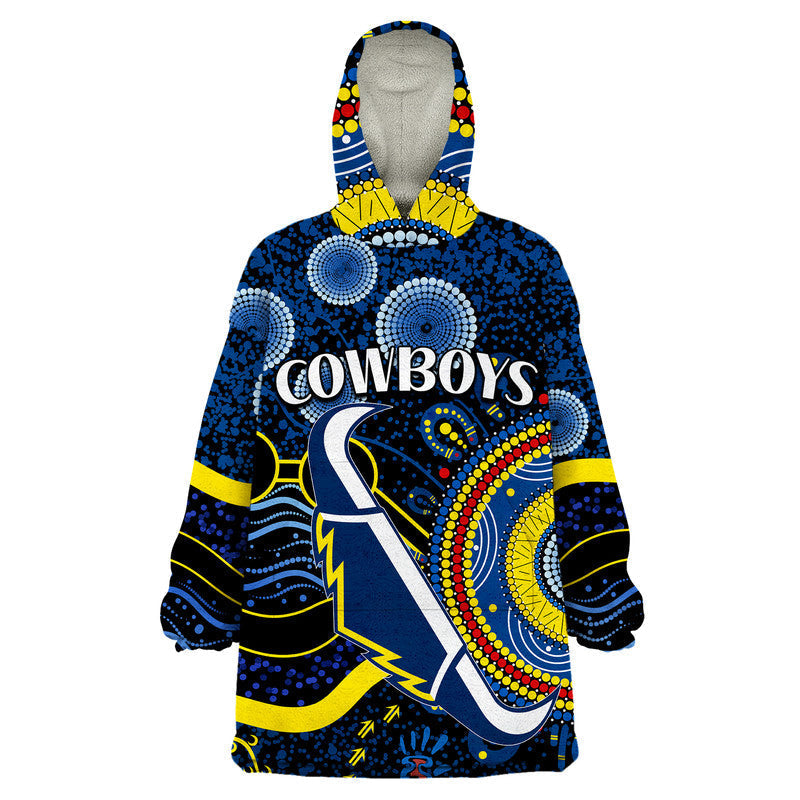 (Custom Personalised) Cowboys Rugby Wearable Blanket Hoodie Aboriginal Dots Version - Vibe Hoodie Shop