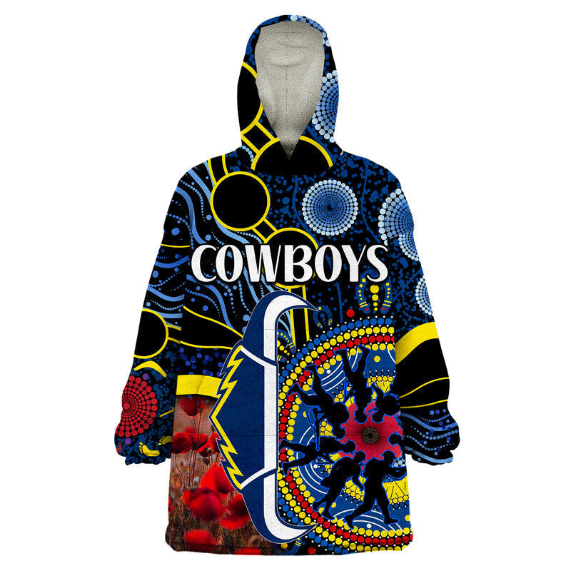 (Custom Personalised) Cowboys Rugby ANZAC Wearable Blanket Hoodie Aboriginal Military and Poppy Flowers - Vibe Hoodie Shop