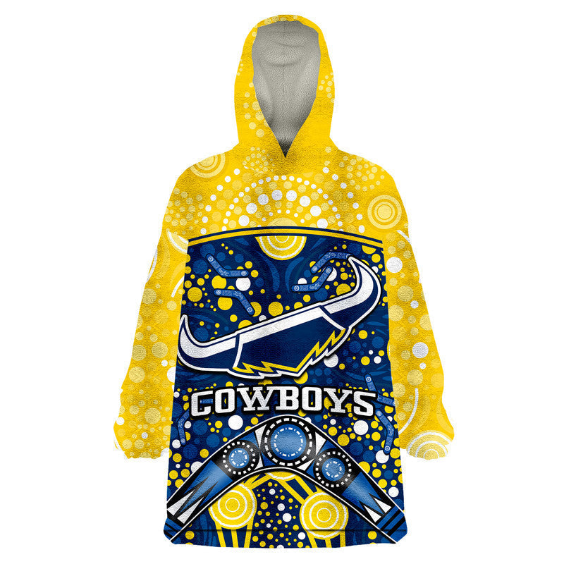 (Custom Personalised) Cowboys Rugby Wearable Blanket Hoodie Boomerang Indigenous Dots - Vibe Hoodie Shop