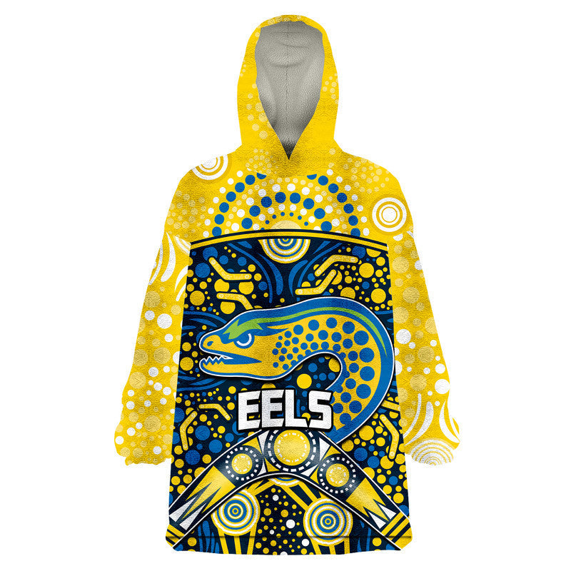 Parramatta Eels Rugby Wearable Blanket Hoodie Boomerang Indigenous Dots - Vibe Hoodie Shop