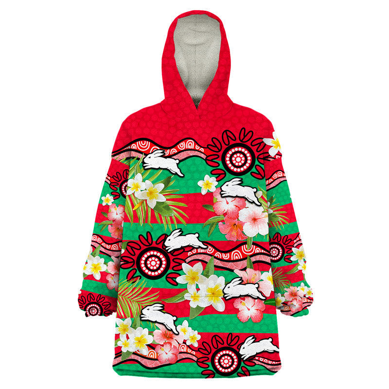 (Custom Personalised) Rabbitohs Rugby Wearable Blanket Hoodie Tropical Flowers And Palm Hawaiian Style - Vibe Hoodie Shop