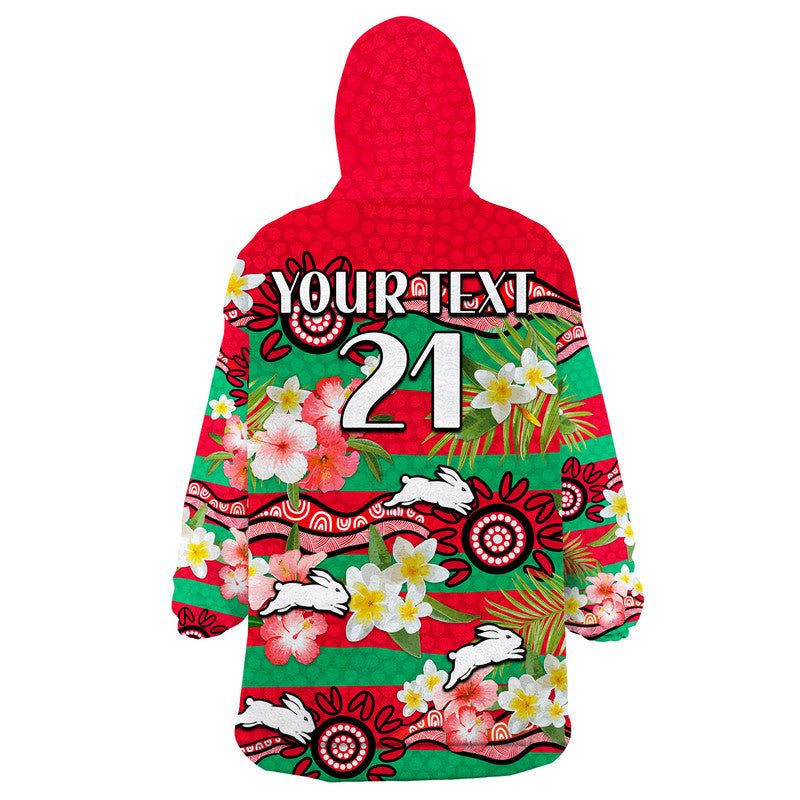 (Custom Personalised) Rabbitohs Rugby Wearable Blanket Hoodie Tropical Flowers And Palm Hawaiian Style - Vibe Hoodie Shop