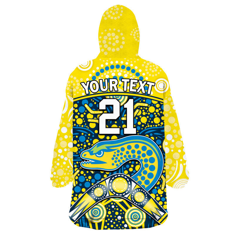 (Custom Personalised) Parramatta Eels Rugby Wearable Blanket Hoodie Boomerang Indigenous Dots - Vibe Hoodie Shop