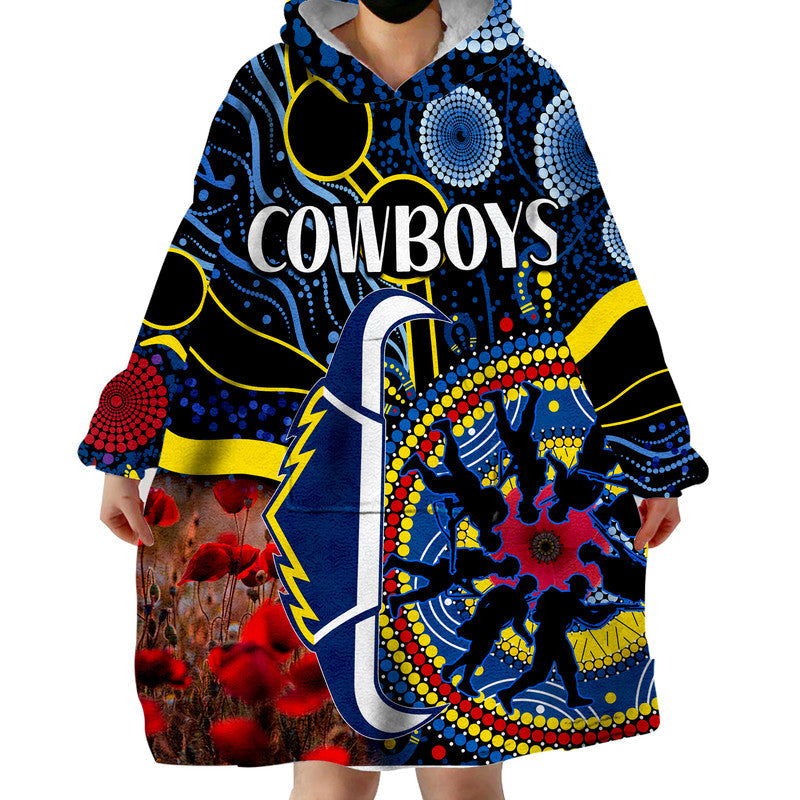 (Custom Personalised) Cowboys Rugby ANZAC Wearable Blanket Hoodie Aboriginal Military and Poppy Flowers - Vibe Hoodie Shop