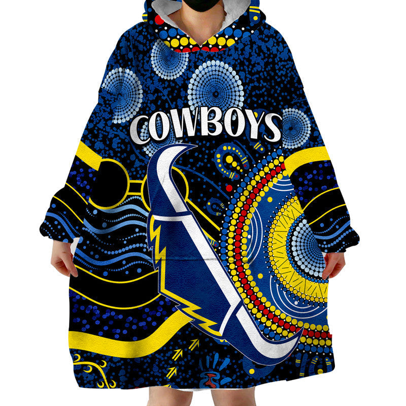 (Custom Personalised) Cowboys Rugby Wearable Blanket Hoodie Aboriginal Dots Version - Vibe Hoodie Shop