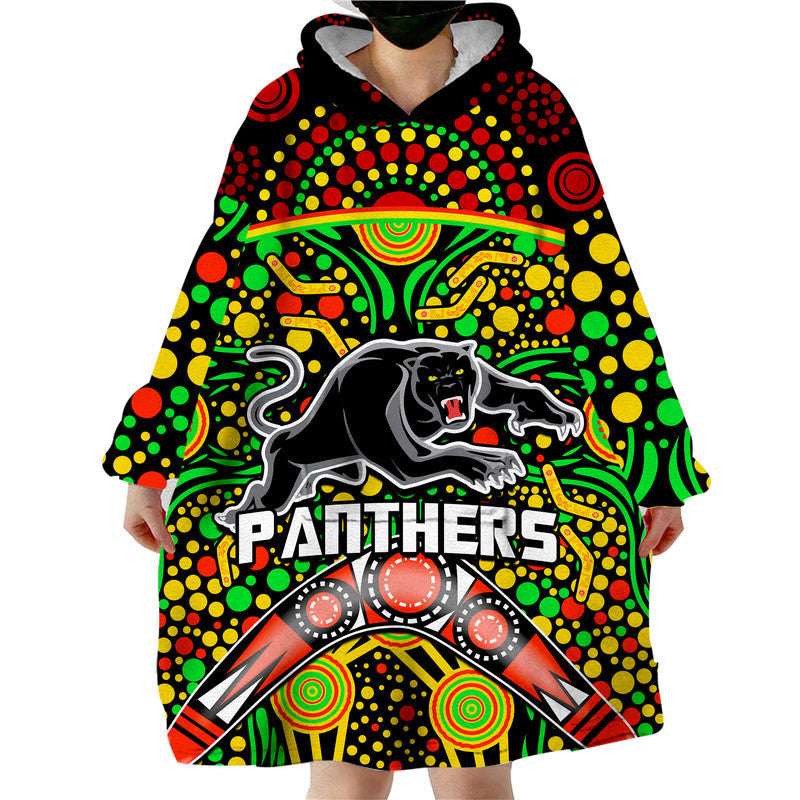 (Custom Personalised) Panthers Rugby Wearable Blanket Hoodie Boomerang Indigenous Dots - Vibe Hoodie Shop