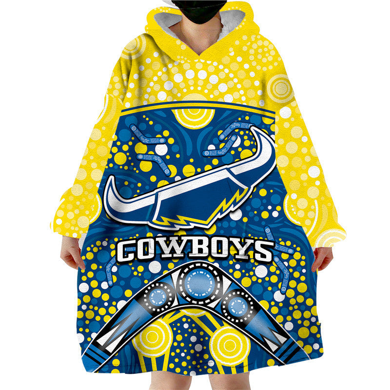 (Custom Personalised) Cowboys Rugby Wearable Blanket Hoodie Boomerang Indigenous Dots - Vibe Hoodie Shop