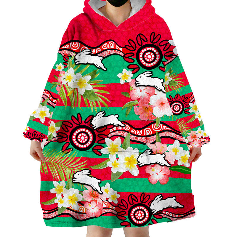 (Custom Personalised) Rabbitohs Rugby Wearable Blanket Hoodie Tropical Flowers And Palm Hawaiian Style - Vibe Hoodie Shop