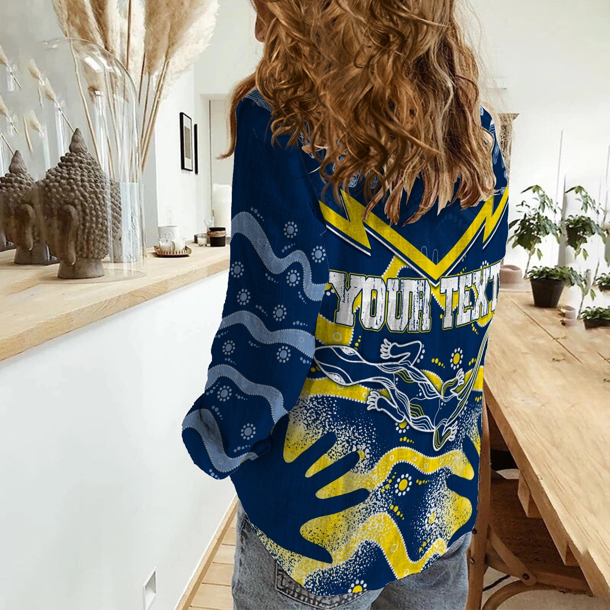 Personalised Cowboys Rugby Indigenous Women Casual Shirt Lizard Mix Hand Stencils - Vibe Hoodie Shop