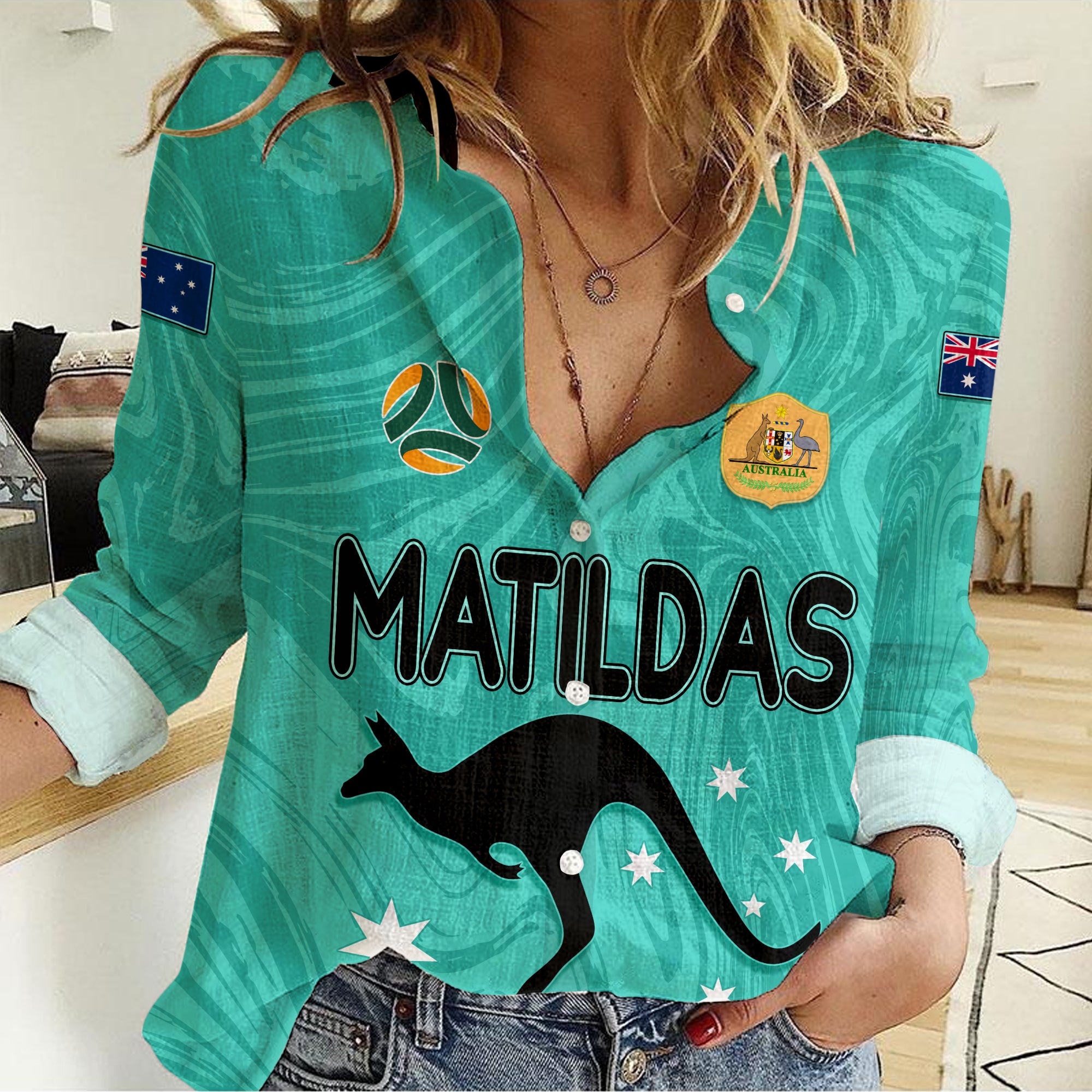 Personalised Aussie Matildas Women Casual Shirt 2023 Women World Cup Marble Patterns - Turquoise - Vibe Hoodie Shop