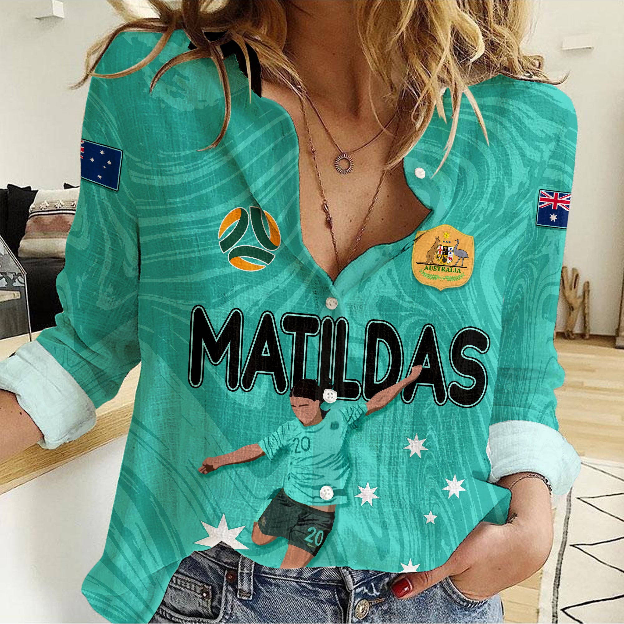 Personalised Aussie Matildas Women Casual Shirt 2023 Sam Kerr World Cup Marble Patterns - Turquoise - Vibe Hoodie Shop