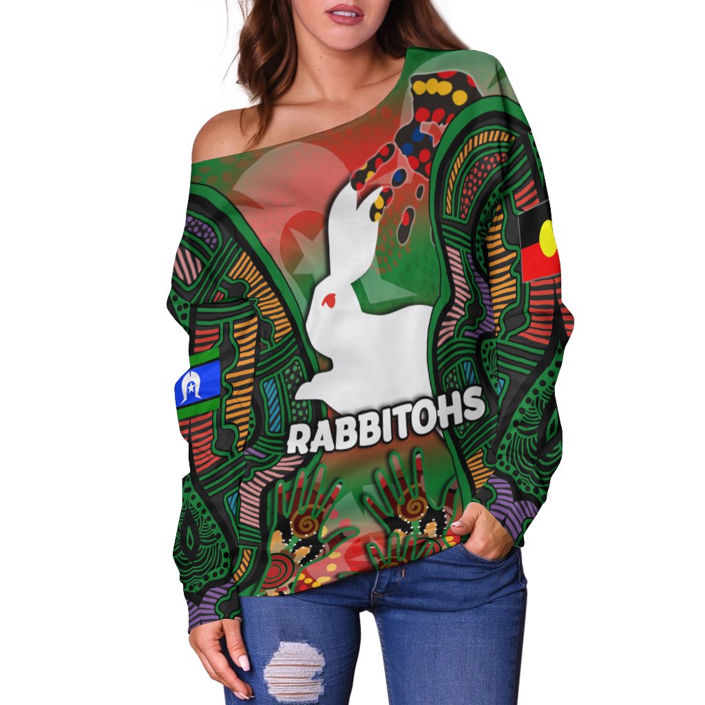 NAIDOC Rabbitohs Women Off Shoulder Sweater Torres Strait Islanders - Vibe Hoodie Shop