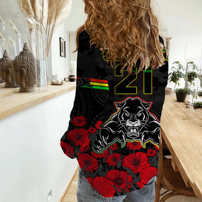 (Custom Personalised) Panthers Rugby ANZAC Women Casual Shirt Angry Panther Camouflage With Poppy - Vibe Hoodie Shop