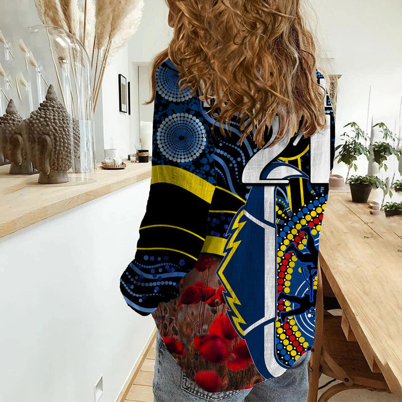 (Custom Personalised) Cowboys Rugby ANZAC Women Casual Shirt Aboriginal Military and Poppy Flowers - Vibe Hoodie Shop
