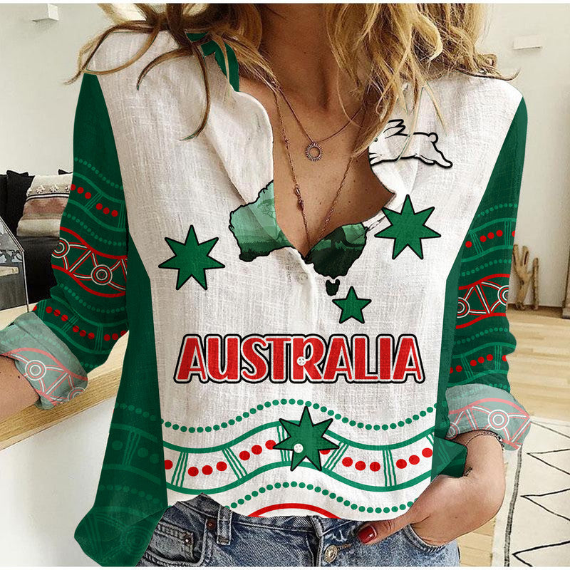 (Custom Personalised) Rabbitohs Australia Day Women Casual Shirt Flag Map and Aboriginal Wave - Vibe Hoodie Shop