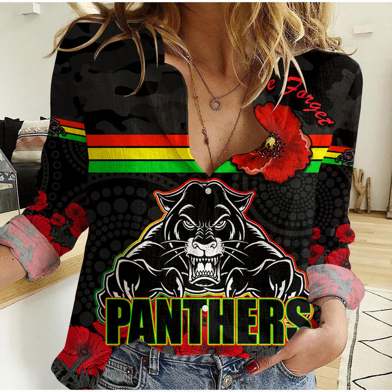 (Custom Personalised) Panthers Rugby ANZAC Women Casual Shirt Angry Panther Camouflage With Poppy - Vibe Hoodie Shop