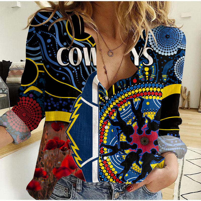 (Custom Personalised) Cowboys Rugby ANZAC Women Casual Shirt Aboriginal Military and Poppy Flowers - Vibe Hoodie Shop