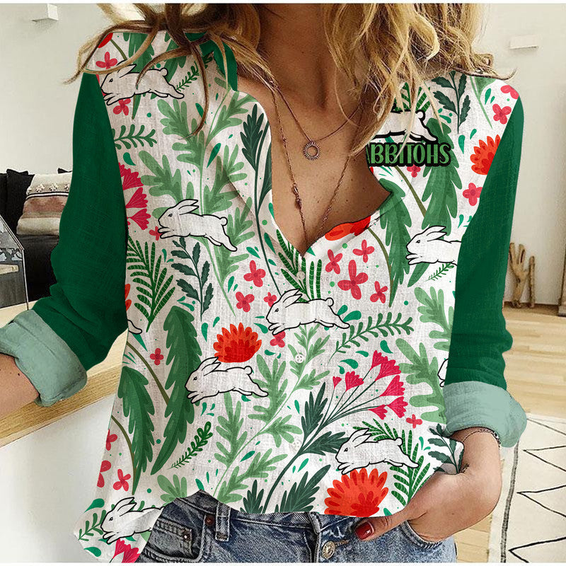 Rabbitohs Poppy Flowers Field Women Casual Shirt - Vibe Hoodie Shop