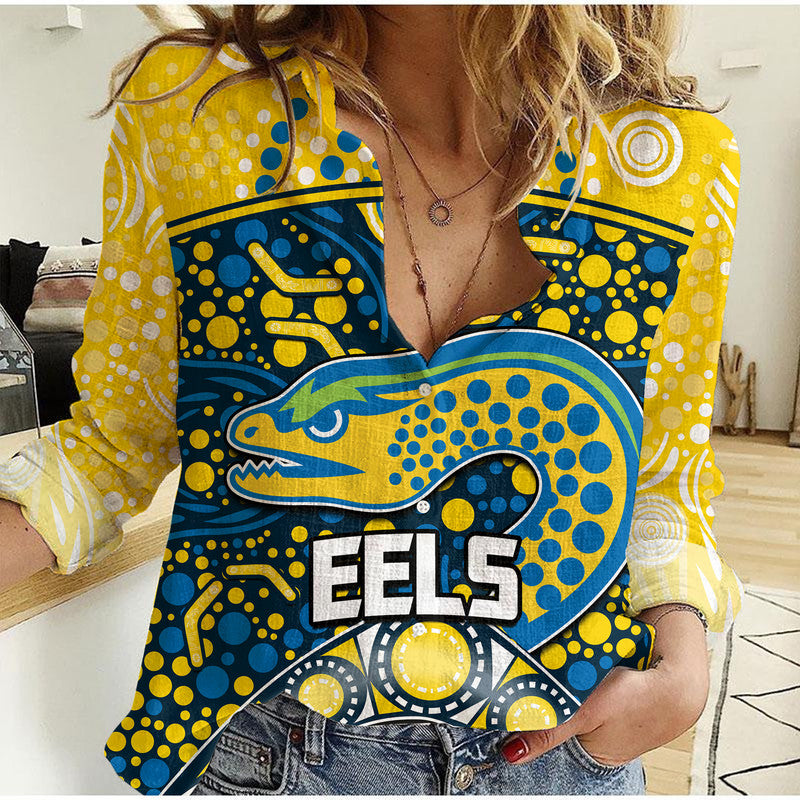 (Custom Personalised) Parramatta Eels Rugby Women Casual Shirt Boomerang Indigenous Dots - Vibe Hoodie Shop
