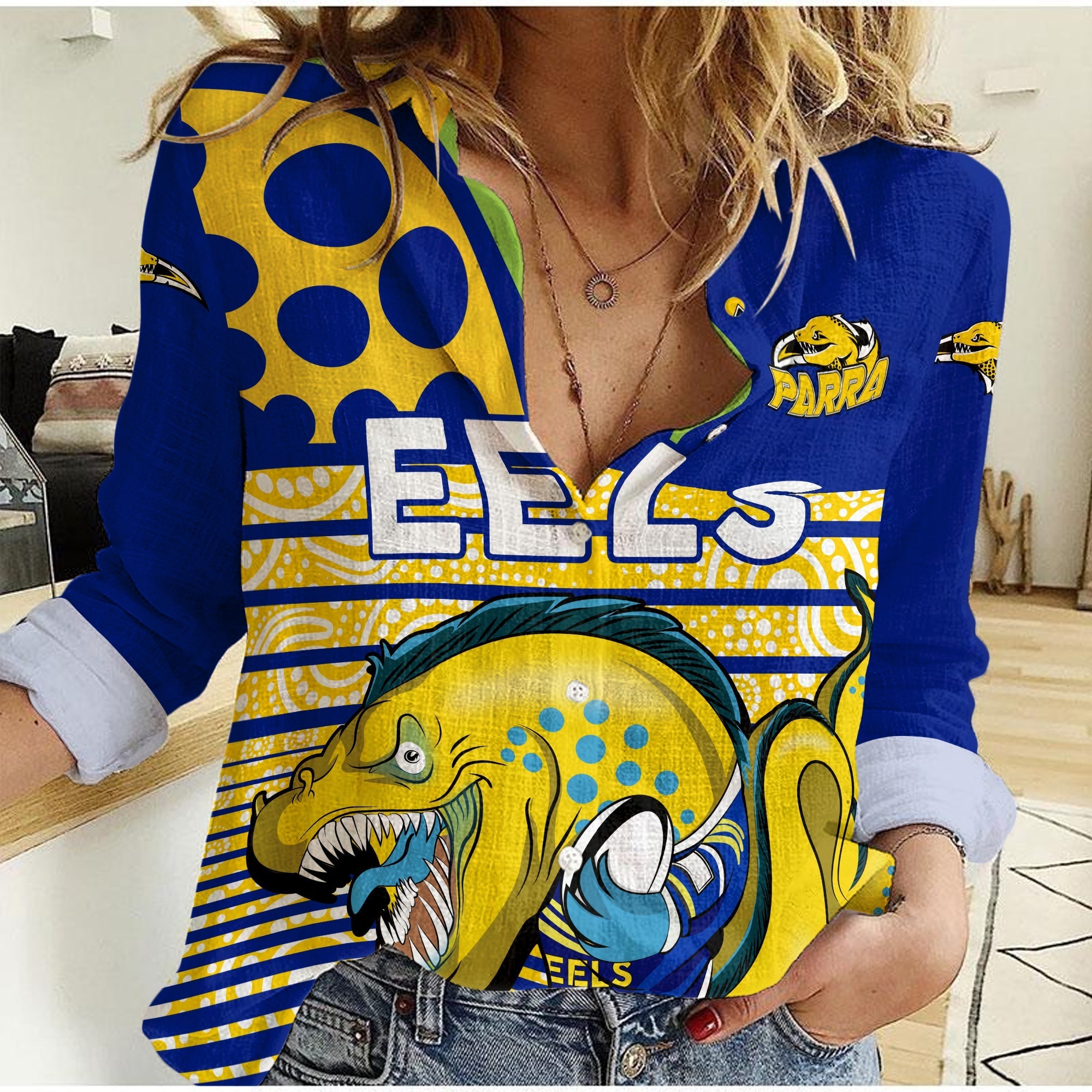 (Custom Personalised) Eels Rugby Parra Aboriginal Blue And Gold Women Casual Shirt - - Vibe Hoodie Shop