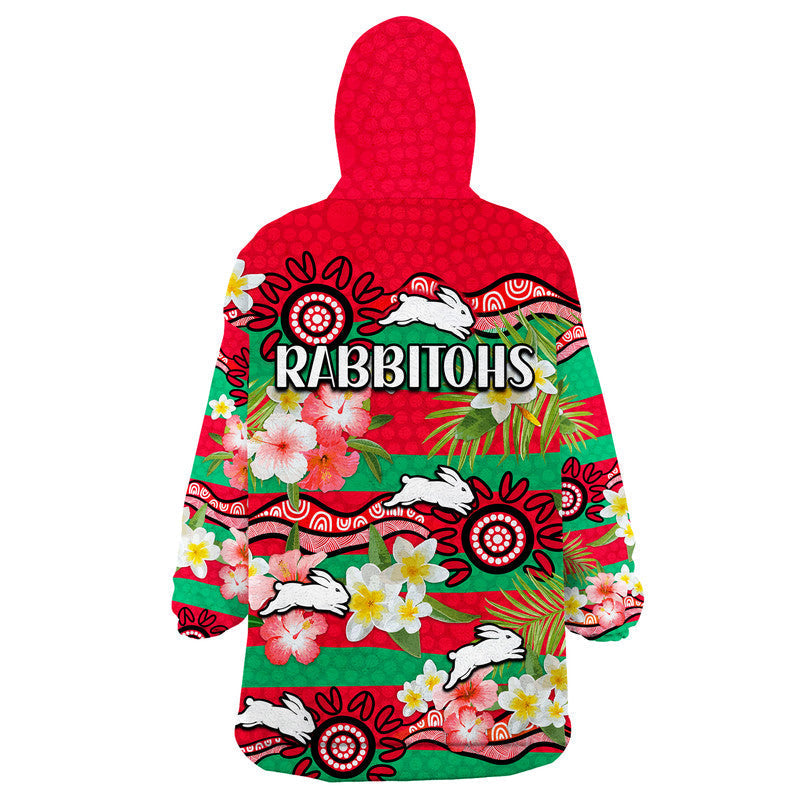 Rabbitohs Rugby Wearable Blanket Hoodie Tropical Flowers And Palm Hawaiian Style - Vibe Hoodie Shop