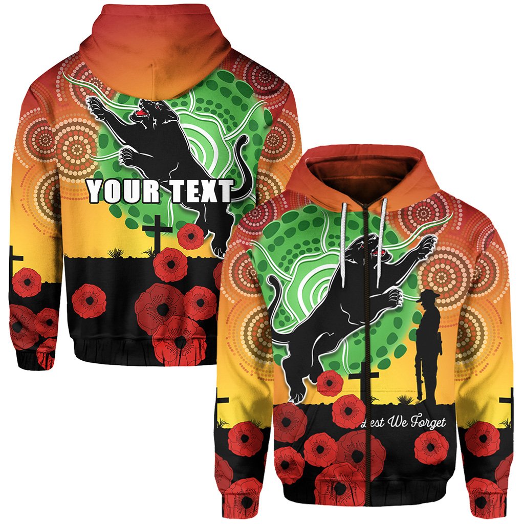 (Custom Personalised) Panthers ANZAC Day Zip Hoodie Mix Indigenous Lest We Forget - Vibe Hoodie Shop