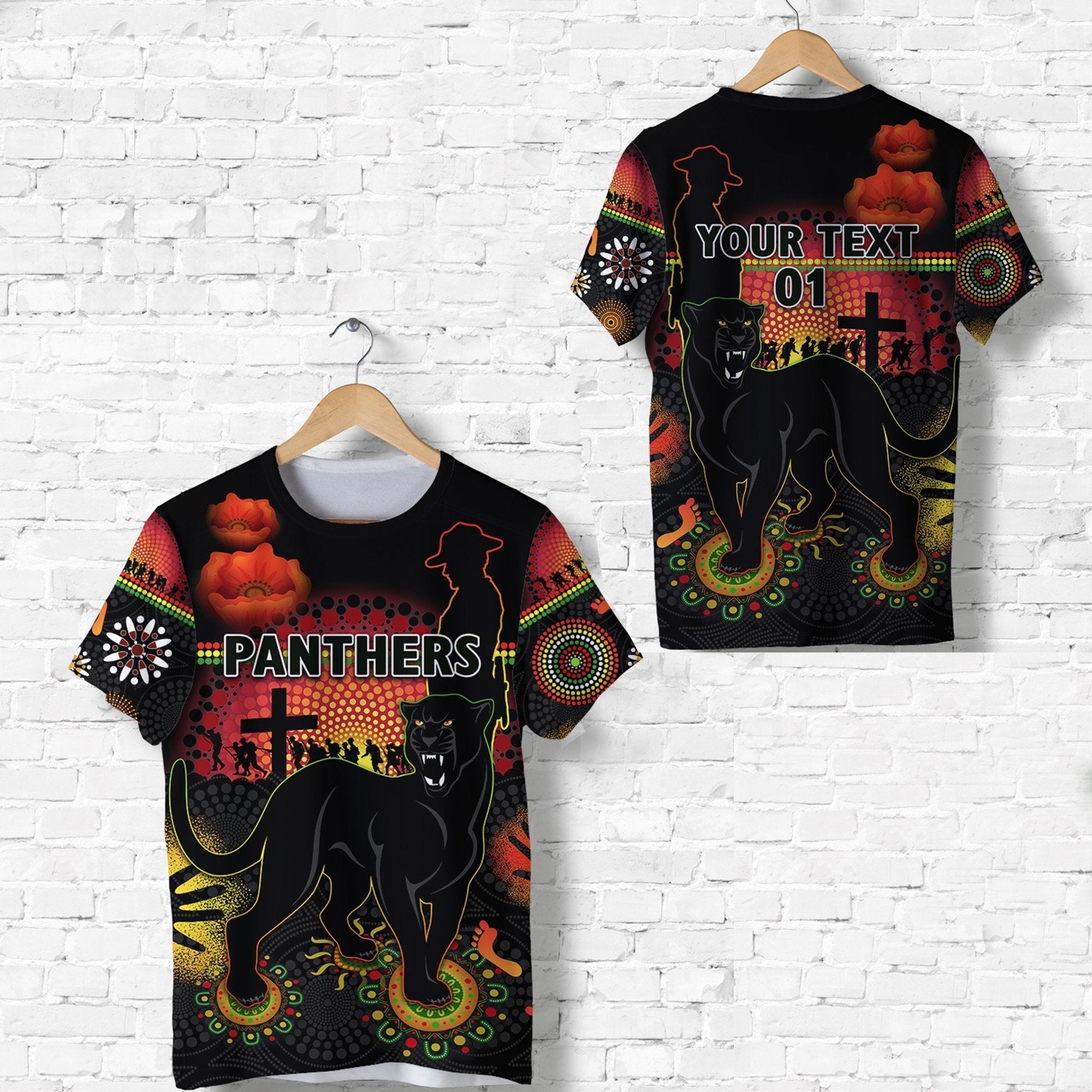 (Custom Personalised) Penrith T shirt Indigenous Panthers ANZAC Day Lest We Forget, Custom Text And Number - Vibe Hoodie Shop