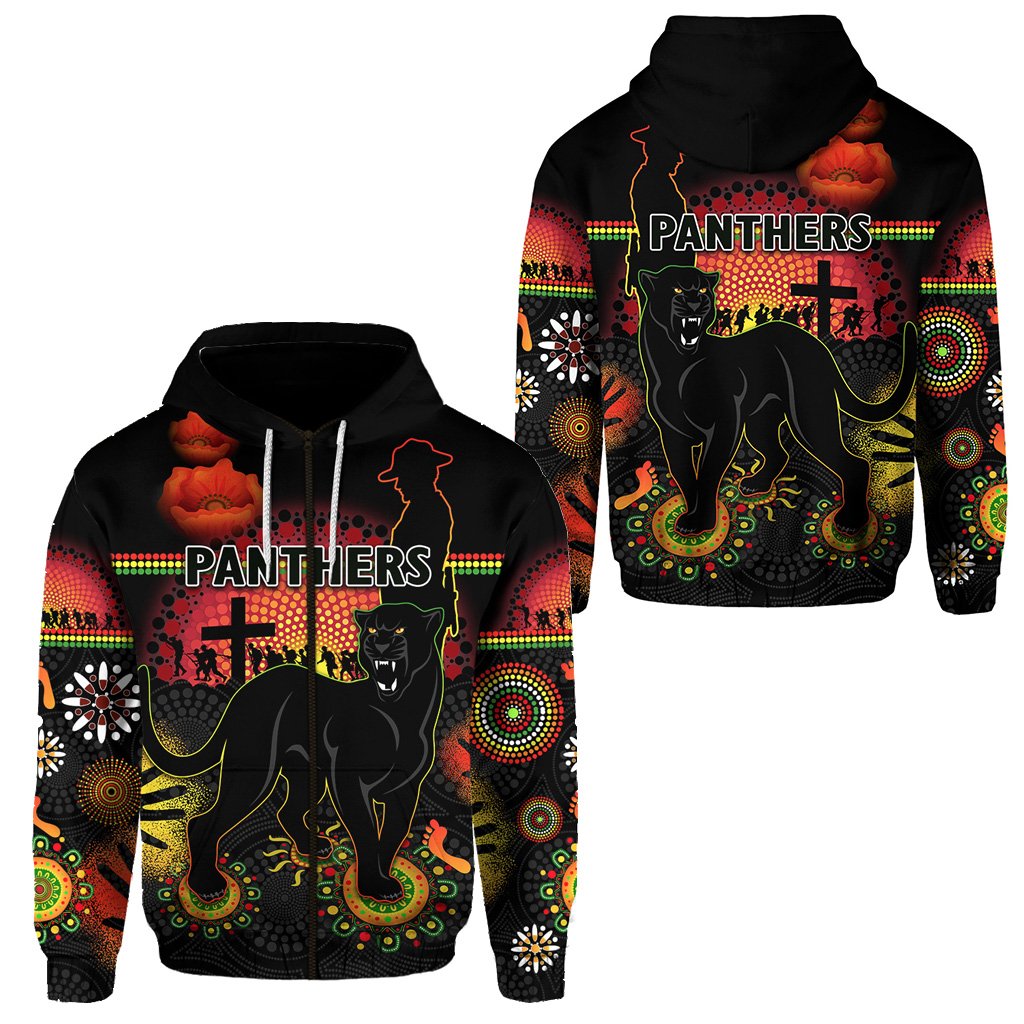 Penrith Zip Hoodie Indigenous Panthers ANZAC Day Lest We Forget - Vibe Hoodie Shop