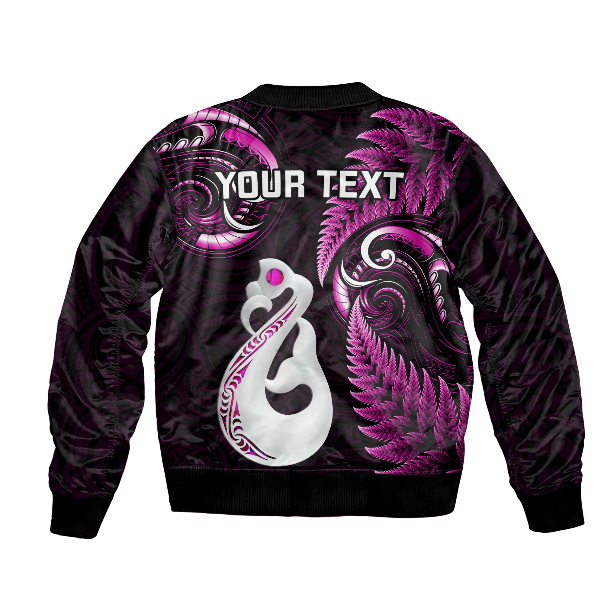 Personalised New Zealand Sleeve Zip Bomber Jacket Aotearoa Silver Fern With Manaia Maori Unique Pink LT14