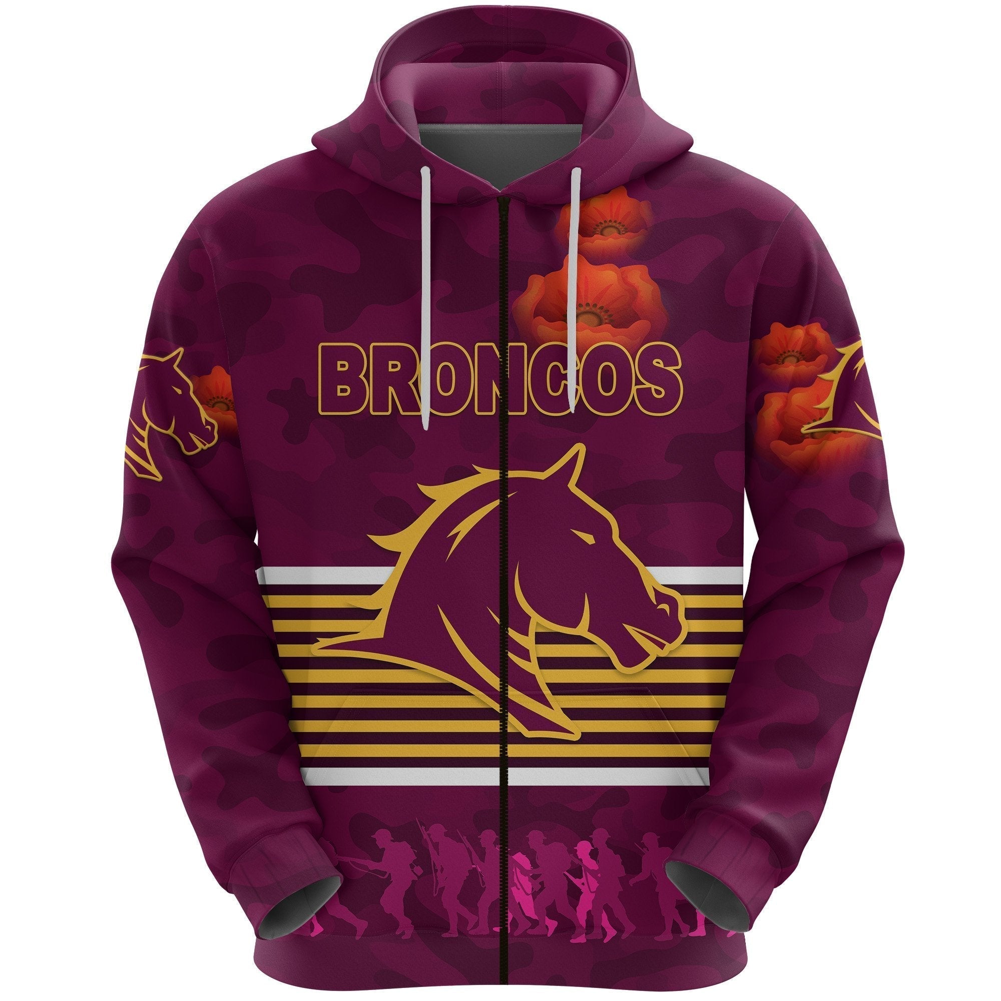 Brisbane Broncos Hoodie ANZAC Day Simple Style - Full Maroon - Vibe Hoodie Shop