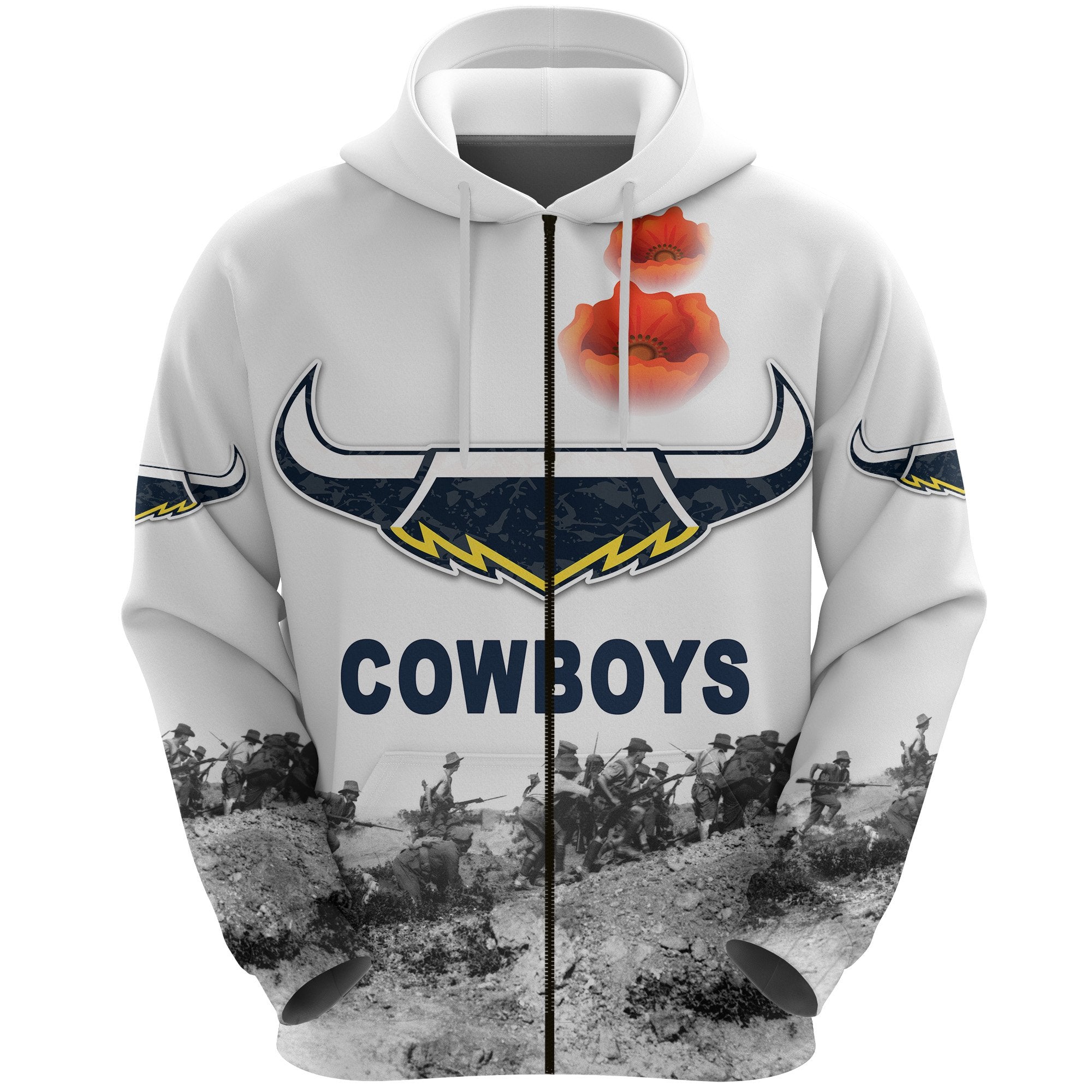 North Queensland Cowboys Zip Hoodie ANZAC Day Simple Style - Vibe Hoodie Shop