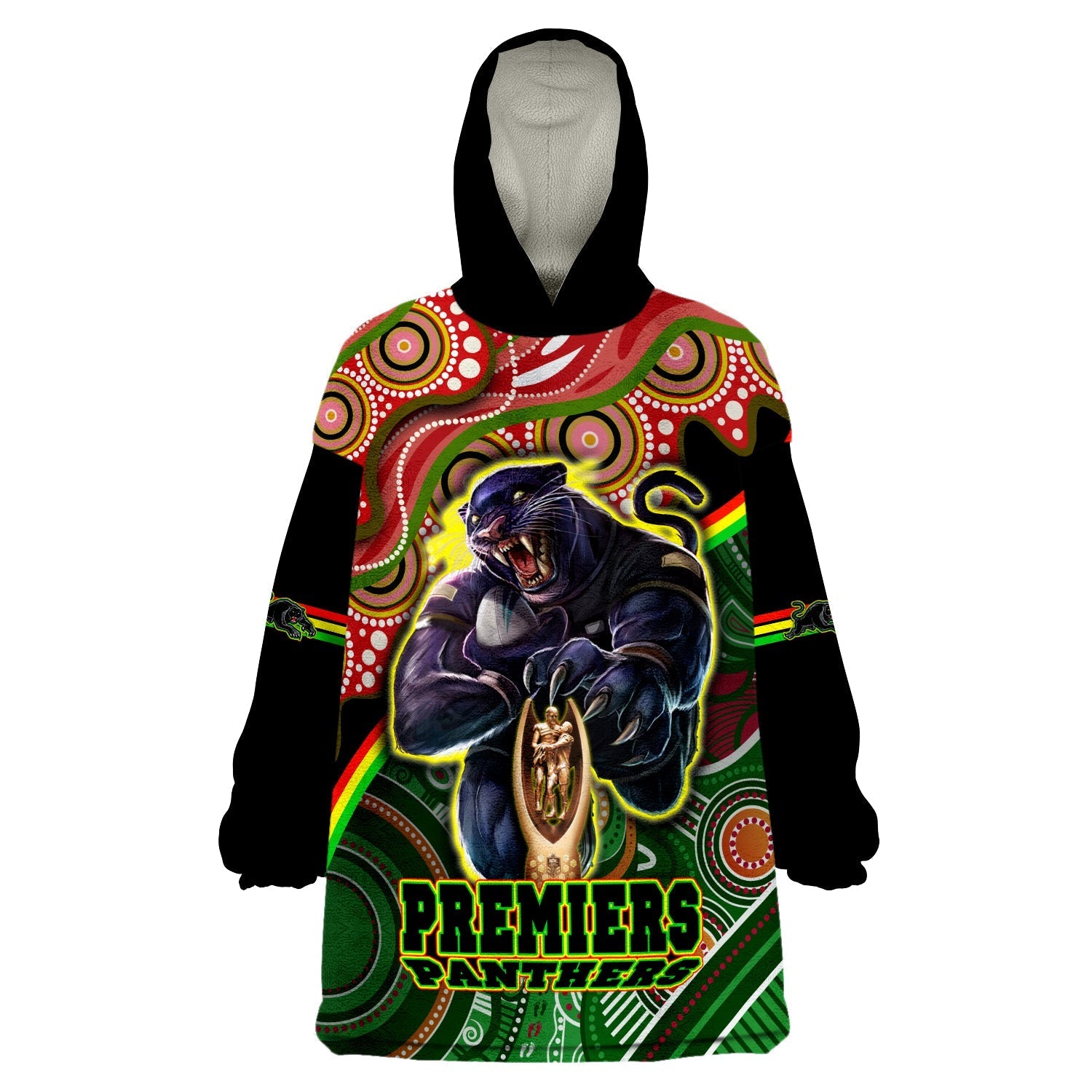 (Custom Personalised) Penrith Panthers Premiers Black Panther With Aboriginal Arty Wearable Blanket Hoodie - Vibe Hoodie Shop