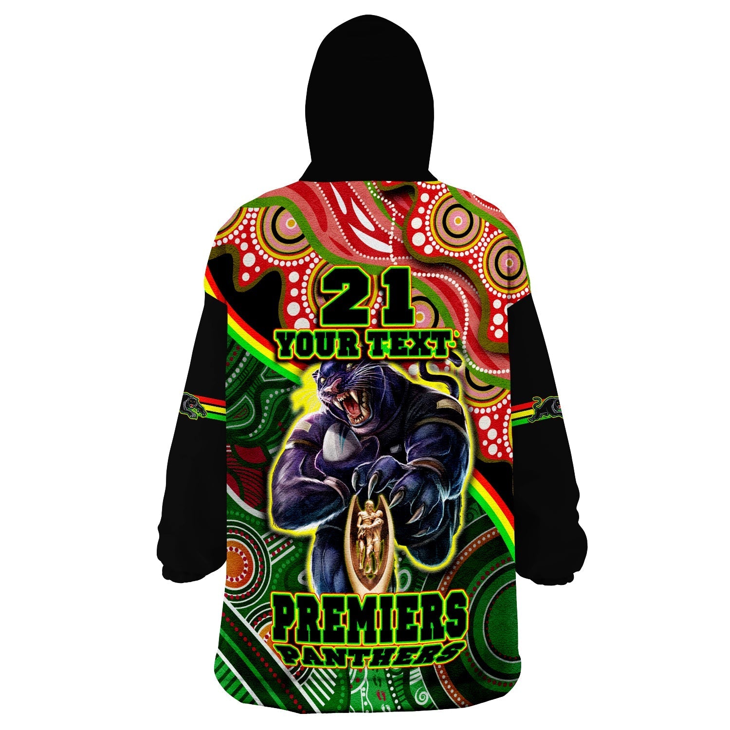 (Custom Personalised) Penrith Panthers Premiers Black Panther With Aboriginal Arty Wearable Blanket Hoodie - Vibe Hoodie Shop