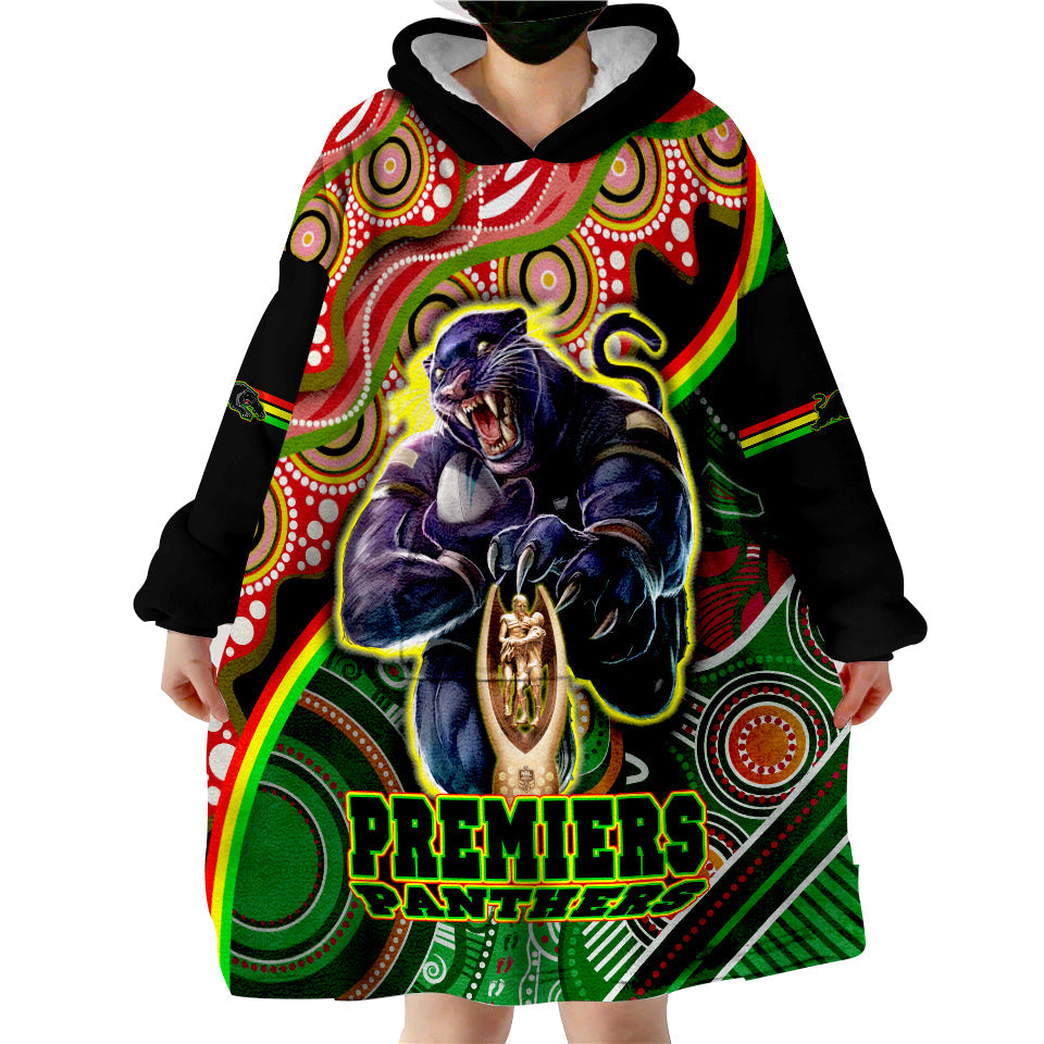 (Custom Personalised) Penrith Panthers Premiers Black Panther With Aboriginal Arty Wearable Blanket Hoodie - Vibe Hoodie Shop