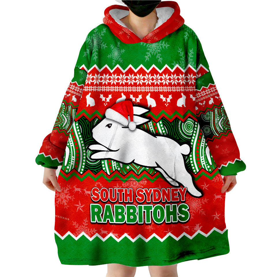 (Custom Personalised) South Sydney Rabbitohs Aboriginal Christmas Vibe Wearable Blanket Hoodie - Vibe Hoodie Shop