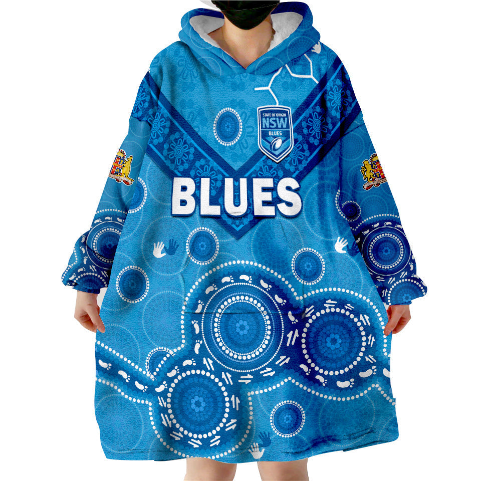 (Custom Text And Number) NSW Blues Rugby New South Wales Aboriginal Dot Painting Unique Version Wearable Blanket Hoodie - Vibe Hoodie Shop