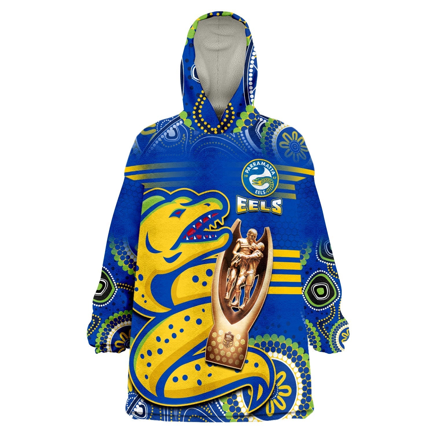 (Custom Text And Number) Parramatta Rugby Eels Premiers 2022 Indigenous Artsy Wearable Blanket Hoodie - Vibe Hoodie Shop