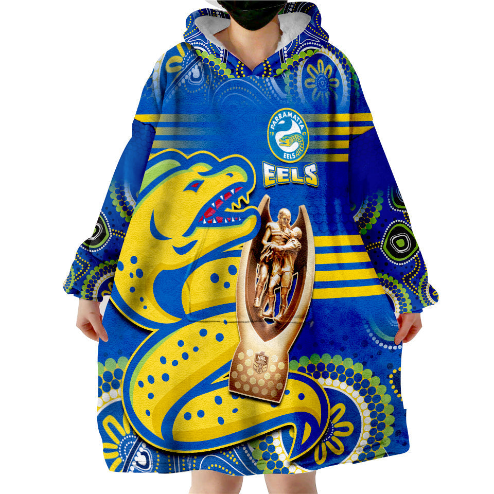 (Custom Text And Number) Parramatta Rugby Eels Premiers 2022 Indigenous Artsy Wearable Blanket Hoodie - Vibe Hoodie Shop