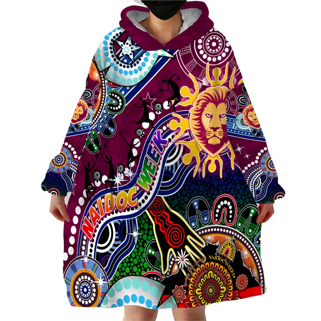 Custom NAIDOC Week 2024 Brisbane Lions Wearable Blanket Hoodie Australia Aboriginal Dot Painting - Vibe Hoodie Shop