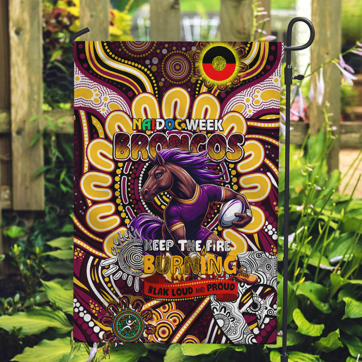 NAIDOC Week 2024 Broncos Garden Flag Mascot Rugby - Vibe Hoodie Shop