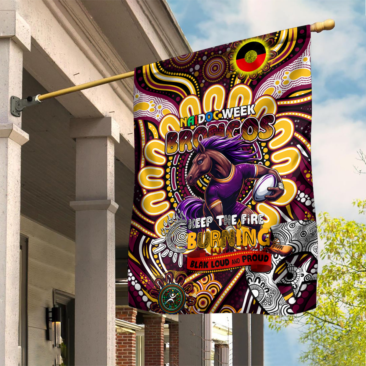 NAIDOC Week 2024 Broncos Garden Flag Mascot Rugby - Vibe Hoodie Shop