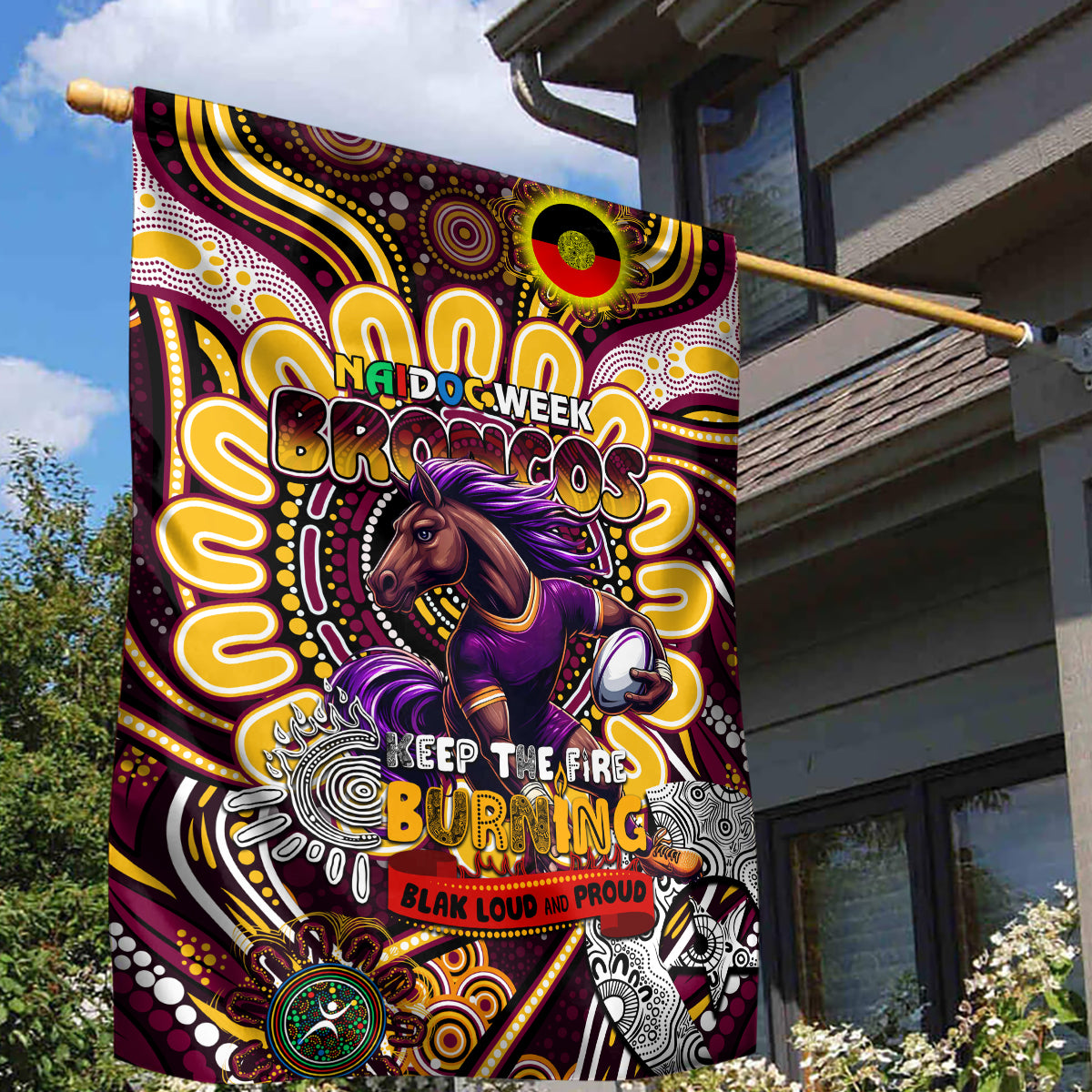 NAIDOC Week 2024 Broncos Garden Flag Mascot Rugby - Vibe Hoodie Shop