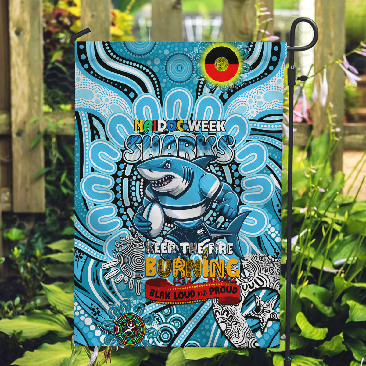 NAIDOC Week 2024 Sharks Garden Flag Mascot Rugby - Vibe Hoodie Shop