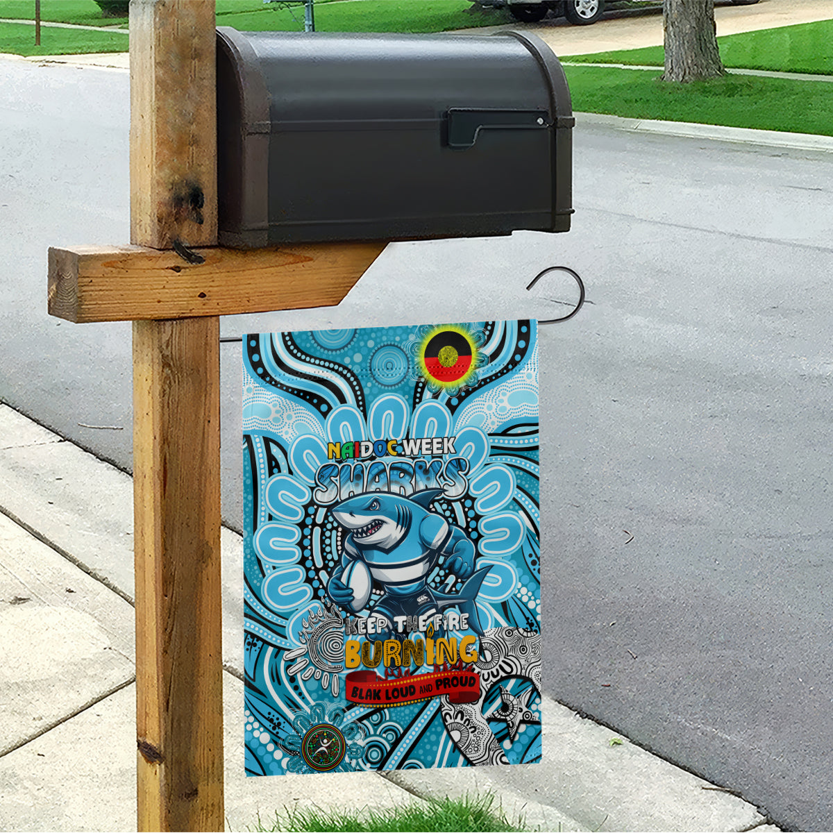 NAIDOC Week 2024 Sharks Garden Flag Mascot Rugby - Vibe Hoodie Shop