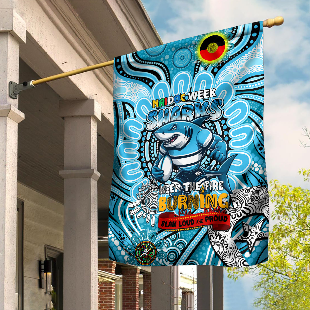 NAIDOC Week 2024 Sharks Garden Flag Mascot Rugby - Vibe Hoodie Shop