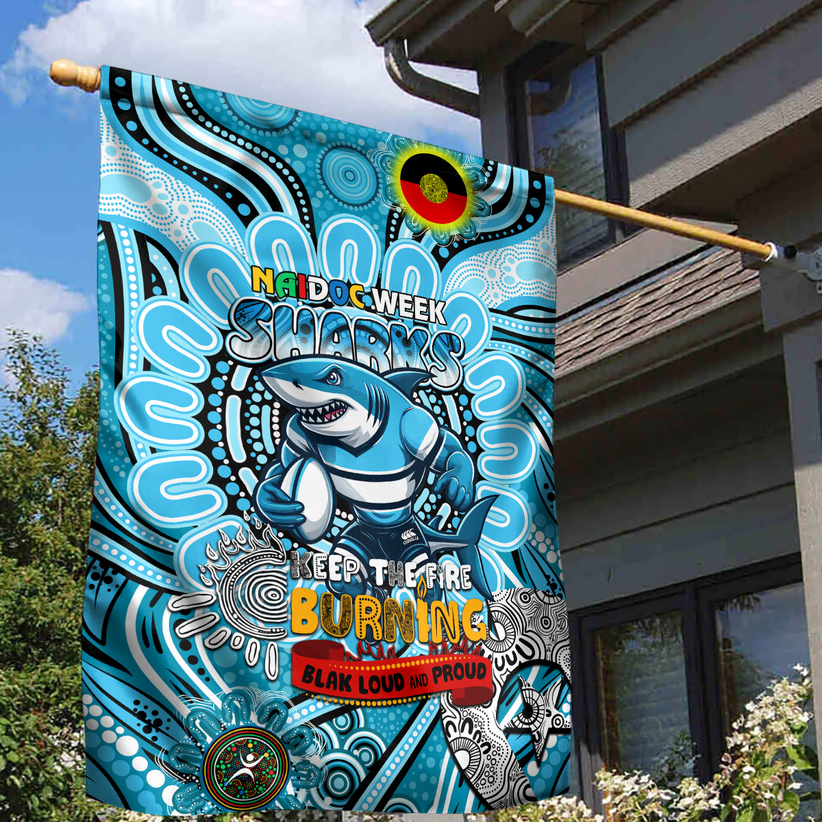 NAIDOC Week 2024 Sharks Garden Flag Mascot Rugby - Vibe Hoodie Shop